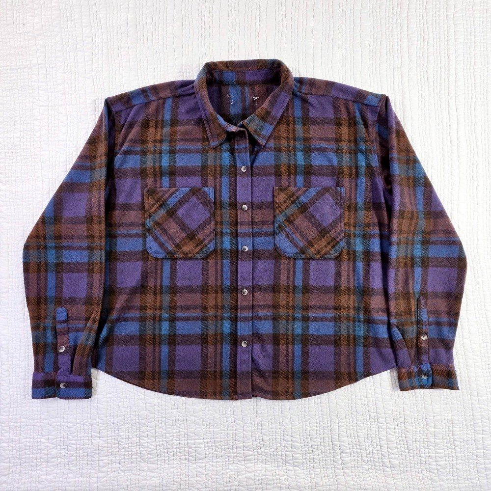 Nordstrom Plaid Button Down Shirt Women 3X Purple Blue EUC Soft Knit Flannel